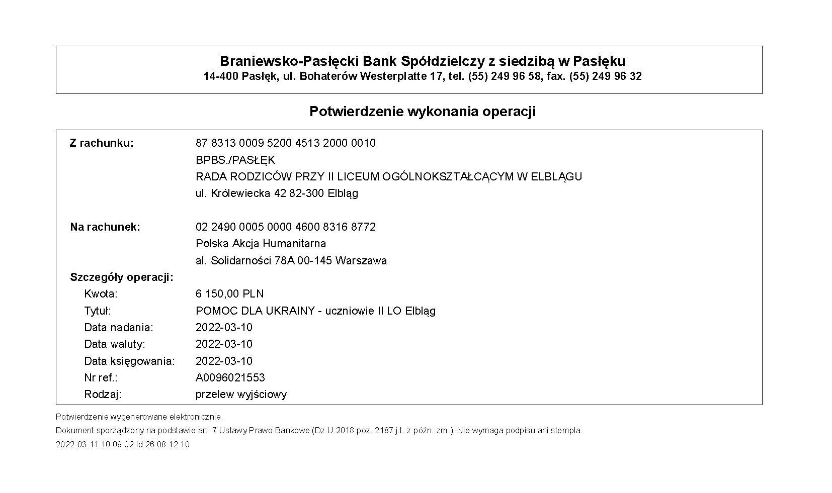 20220307 Jagiellonczyk dla Ukrainy Potwierdzenie przelewu PAH